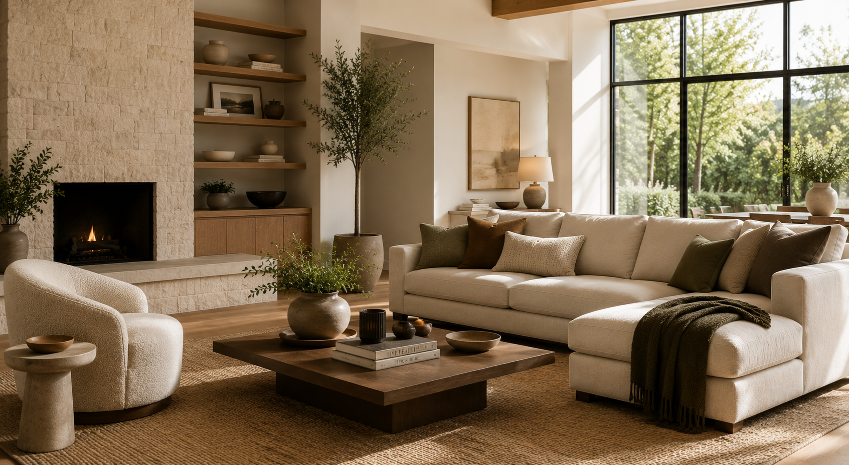 Luxury living room with cream sectional sofa, fireplace, and warm natural light